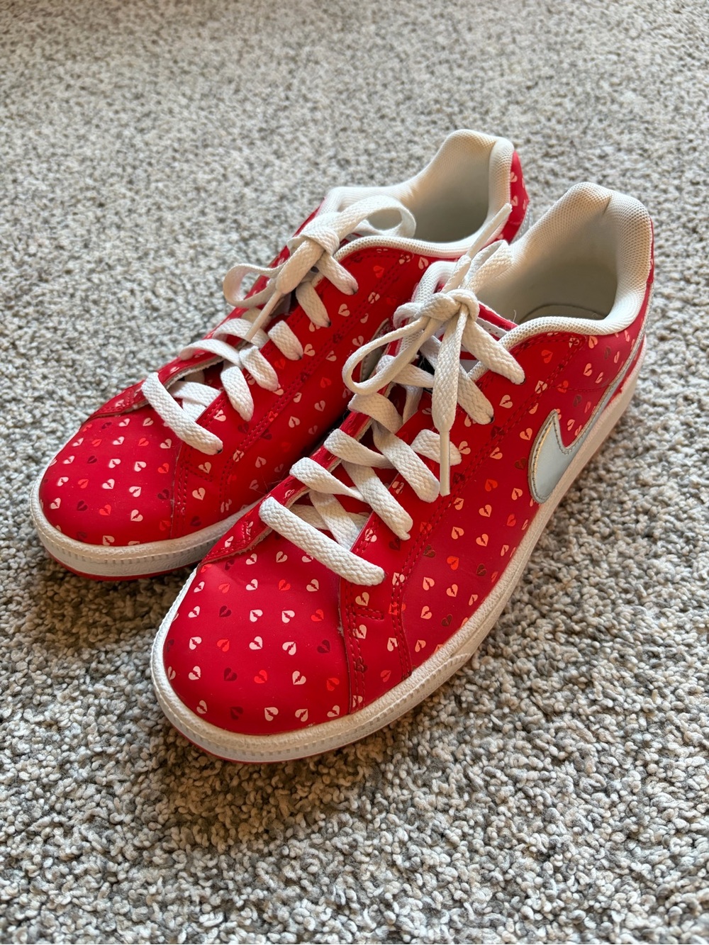 Nike Red Heart-Print Low Top Sneakers with White Swoosh